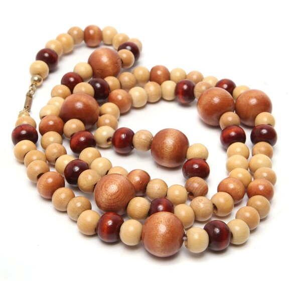 Vintage 70s Celebrity Signed Wood Bead Necklace Boho Strand Wooden Browns Gold - Picture 6 of 7